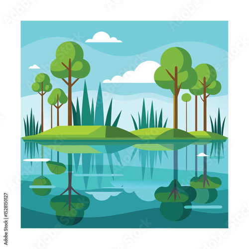 Flat vector wetlands with trees and reflective water