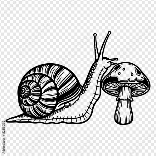 Snail and Mushroom A whimsical black and white illustration