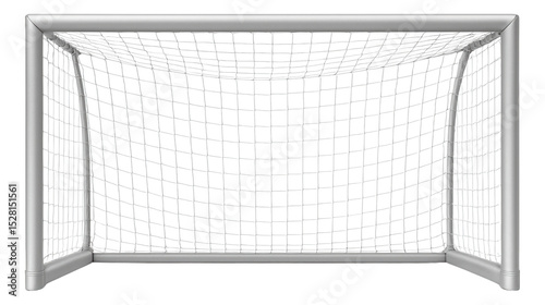 Soccer goal with metal frame and white netting, ideal for sports and recreational activities on transparent background.