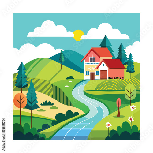 Hillside farm with river and trees in flat style