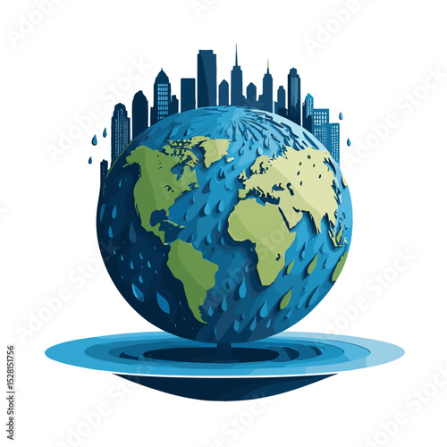 Globe with droplet design, representing climate change and urban development, copy spac