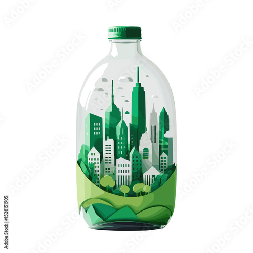 Creative bottle design with green cityscape and nature elements, modern style, copy space