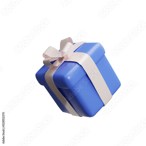 3d Christmas blue present side view. Vector illustration of realistic surprise with ribbon. Wrapped prize for party, event, birthday. Rendering gift to shopping sale. Trendy package with bow