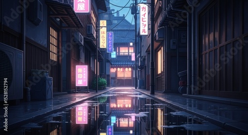 Reflections of Neon on a Tranquil Japanese Alleyway After the Rain Evening