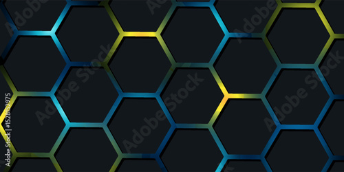 Dark red and blue hexagon abstract technology background with red and blue colored bright flashes under hexagon. Hexagonal gaming vector abstract tech background.
