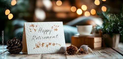 Cozy Happy Retirement Card with Rustic Decor and Warm Bokeh Lights