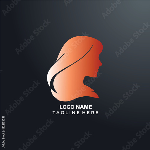 modern beauty salon logo with elegant female face silhouette in orange gradient on dark background.