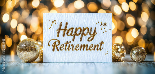 Happy Retirement Card with Golden Festive Ornaments and Bokeh Lights