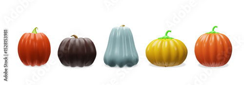 3d pumpkin autumn set of forms, colors, sizes. Three-dimensional vector illustration vegetable decoration for October season, Thanksgiving day, Halloween. Fall food plant vegetarians. Healthy eating