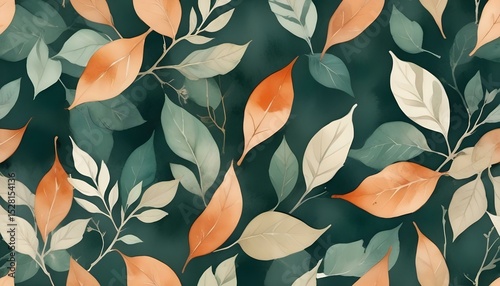 Watercolor leaves in autumn colors, a seamless botanical pattern.