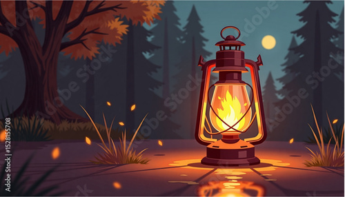 Cozy lantern glowing warmly in a serene forest setting during dusk with autumn colors 

