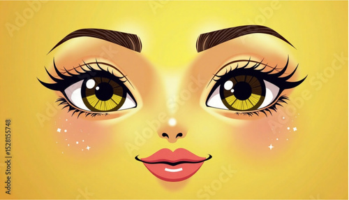 Bright and cheerful cartoon sun character with expressive eyes and a warm smile on a yellow background 