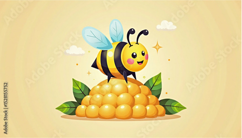 Cheerful cartoon bee character standing on a pile of honeycombs with a bright yellow background 

