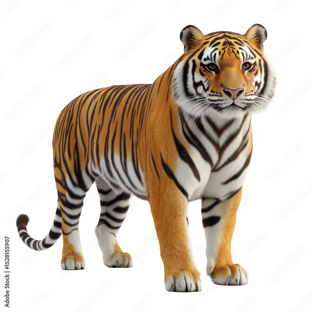 Obraz premium Detailed digital rendering shows a standing orange Bengal Tiger on white background looking directly at the viewer