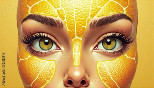 Artistic face design featuring orange texture on skin emphasizing vibrant eyes against a warm background 