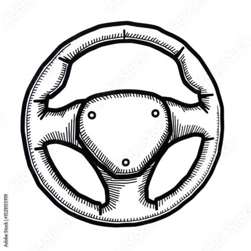 Hand-drawn simple steering wheel illustration in black and white on a light background 

