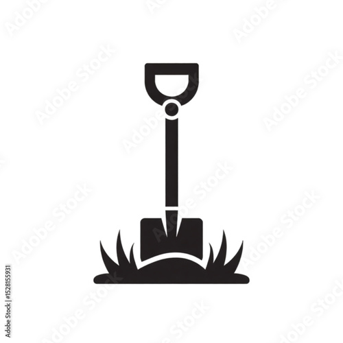 Simple black silhouette of a shovel in the ground with grass on a light background 

