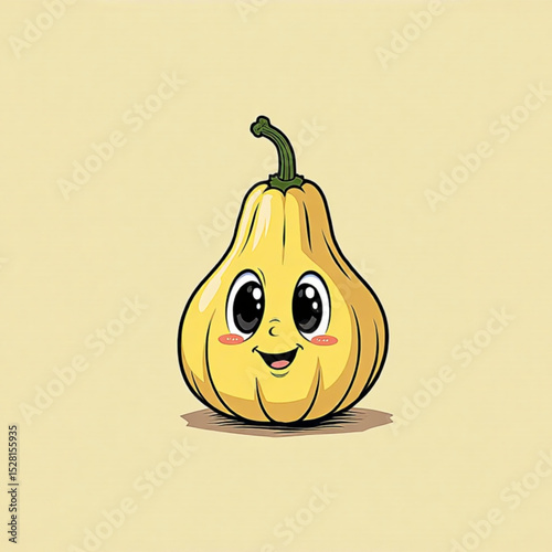 Cute cartoon squash character with a smiling face and cheerful expression on a light background 