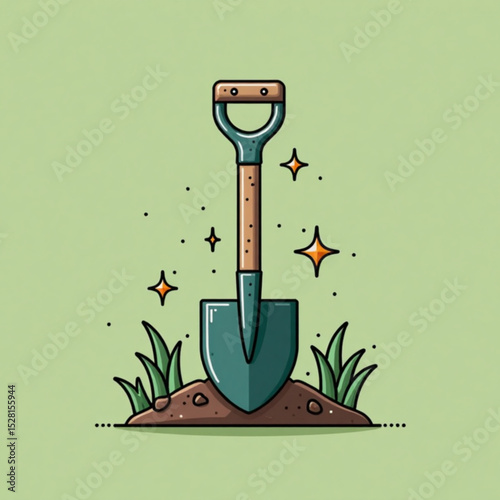 Colorful illustration of a shovel in the ground with grass and sparkles on a light green background 


