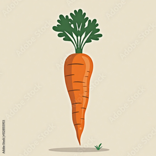 Bright cartoon carrot with green leaves against a light beige background 