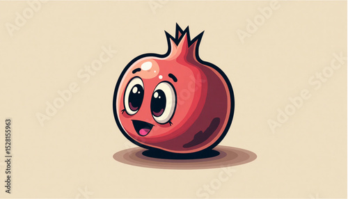 Cute cartoon pomegranate character with big eyes and a friendly smile on a light background 

