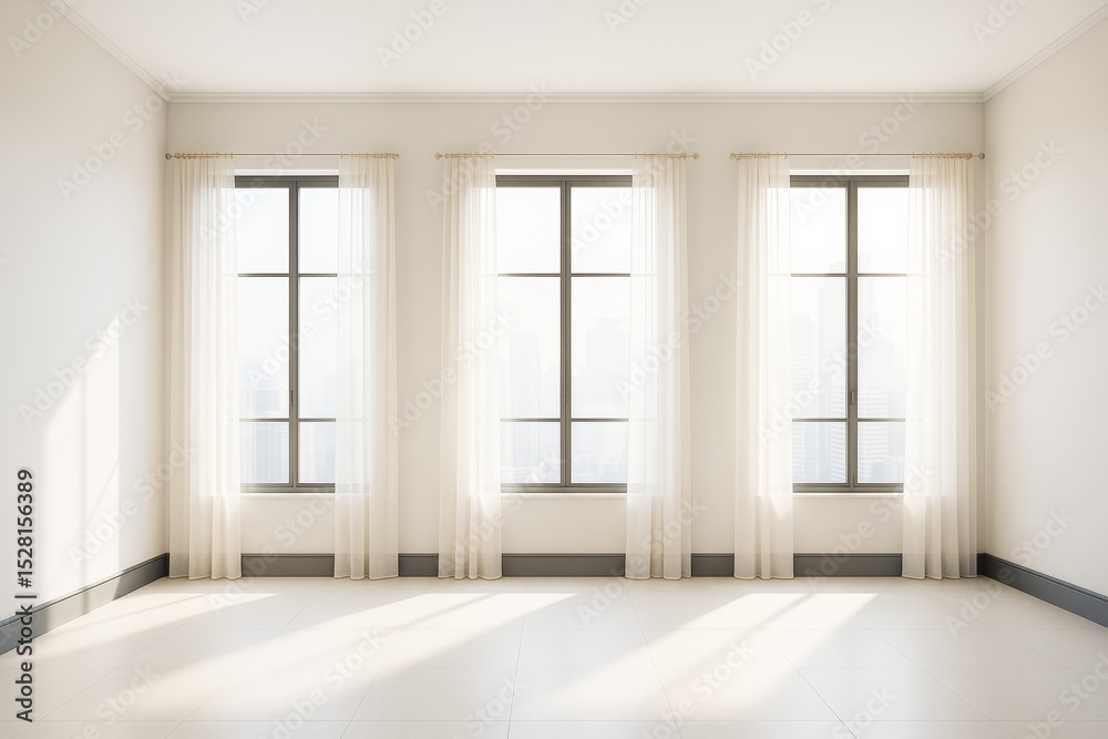 Fototapeta premium Bright modern empty room with large windows and sheer curtains allowing natural light in, minimalistic interior with tiled floor and soft shadows.