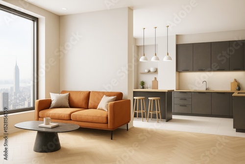 Modern apartment interior with warm-toned sofa  minimalist kitchen and cityscape view through large window in daylight ambiance.