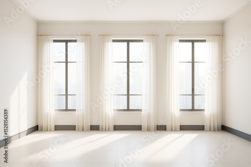Bright modern empty room with large windows and sheer curtains allowing natural light in  minimalistic interior with tiled floor and soft shadows.
