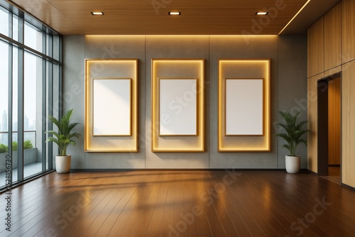 Contemporary interior with wooden floor and illuminated blank frames on wall in modern building lobby with large windows and city view.