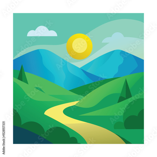 Minimalist green hills with sunny river valley
