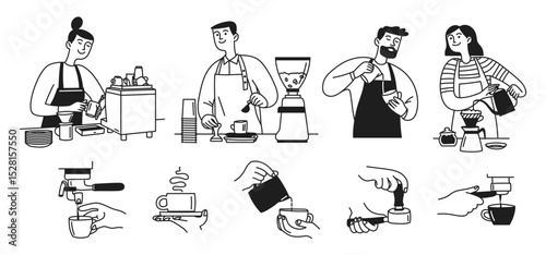 Doodle set barista making coffee. People, hands, men and women, cup of coffee and milk. Vector linear hand drawn illustration