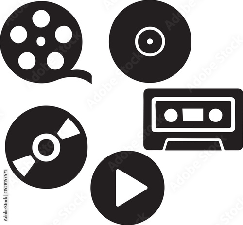 Nostalgic Media A Retro Collection of Film Reel, Vinyl, Cassette, CD, and Play Icons
