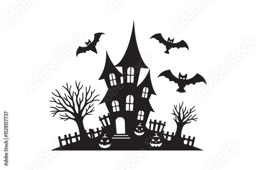 Halloween haunted house silhouette with bats and pumpkins