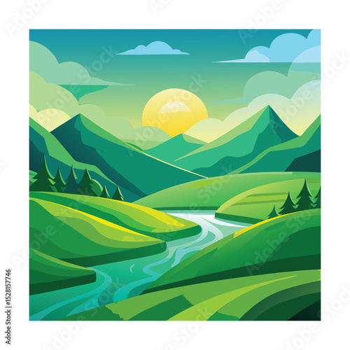 Minimalist green hills with sunny river valley