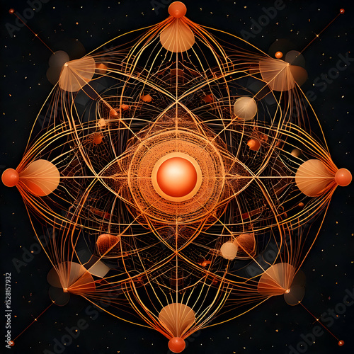 Abstract Sacred Geometry Artwork with Orange and Gold Details on Dark Background