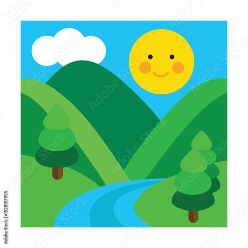 Minimalist green hills with sunny river valley