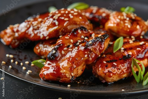 High Resolution Image of Bbq Chicken with Sesame Seeds on Black Plate