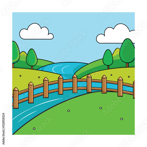 Minimalist green pastures with wooden fence and river