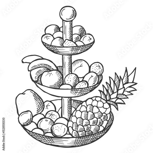 Fruit platter sketch. Served fresh food drawing⁠

