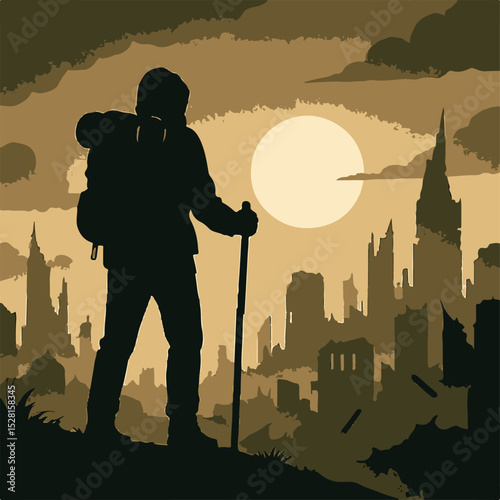 Post-Apocalyptic Journey A Lone Traveler's Silhouette Against a Ruined Cityscape at Sunset