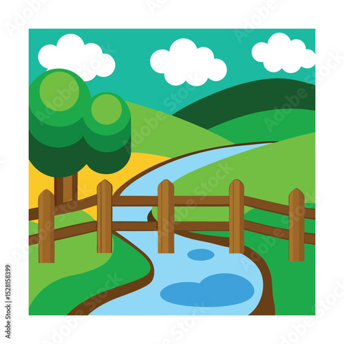 Minimalist green pastures with wooden fence and river