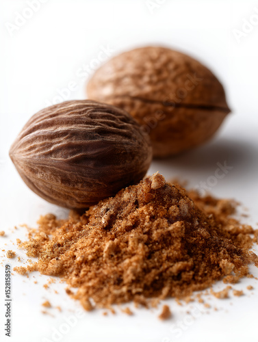 Whole And Ground Nutmeg On White Background