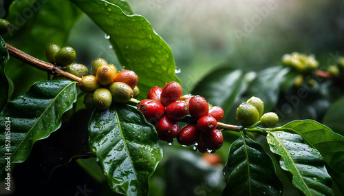 Close-Up of Coffee Cherries on Branch with Dew Drops – AI Generated Illustration