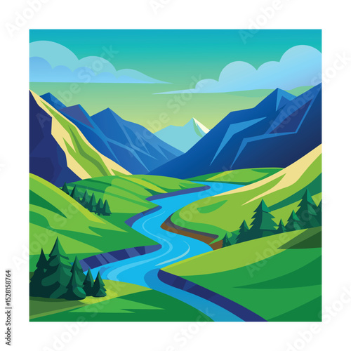 "Scenic River Valley Landscape Illustration with Mountains and Green Hills"

