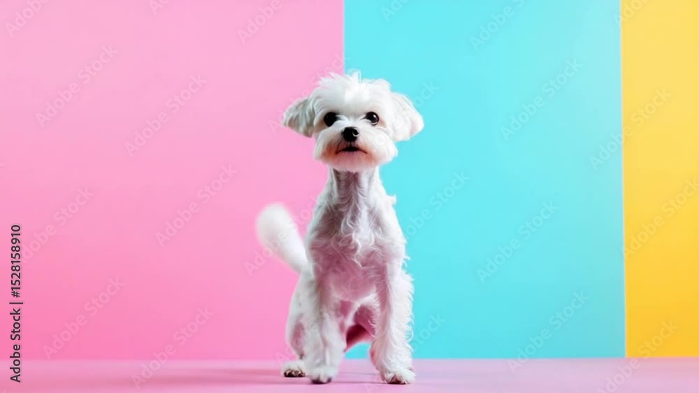 Playful small white dog standing on colorful pastel background with vibrant sections