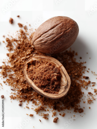 Whole And Ground Nutmeg On White Background