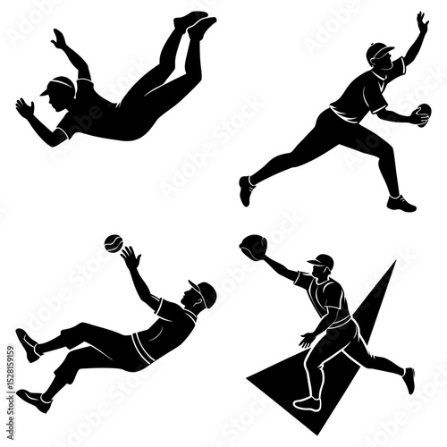 Create a dynamic composition featuring four distinct silhouettes of baseball players in action, set against a stark white background