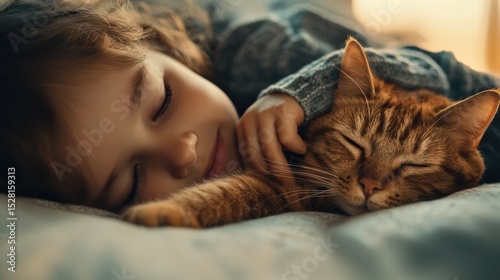 Child tabby cat relaxing together in soft natural light bed cozy home environment intimate moment