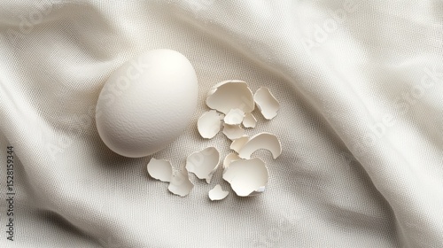 Breaking egg shells white silk cloth close-up minimalist style natural light