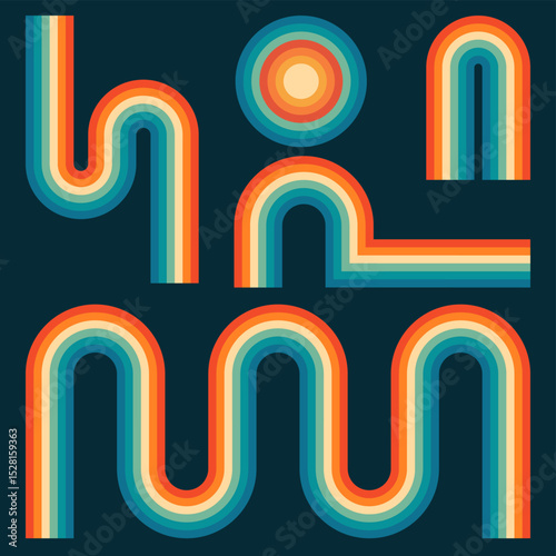 Retro groovy Rainbow striped Background. Geometric Hippie Rainbows Collection.